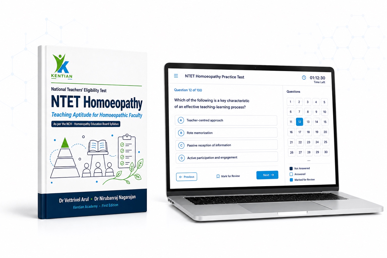 NTET Homoeopathy textbook beside a laptop showing the online mock test